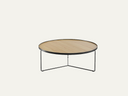 Round coffee table with black legs and wood top