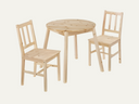 Round table with angled legs and two chairs 