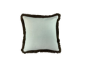 Velvet cushion in blue greige with chocolate brown fringe