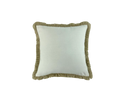 Velvet cushion in blue greige with chocolate brown fringe