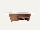 Rectangular coffee table with glass top and angular design drawers with walnut oak finish base