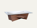Rectangular coffee table with glass top and angular design drawers with walnut oak finish base