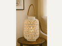 Bamboo Round Lantern Triangle Cutouts and Hemp Rope Handle Washed Finish White
