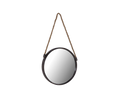 A round mirror with black frame and a rope 
